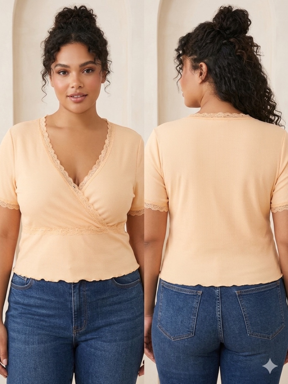 Plus size Peach Lace Trim Wrap Short Sleeve Top